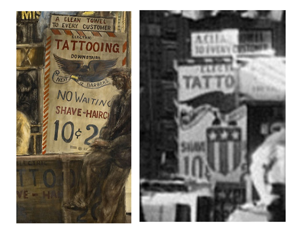 Reginald Marsh's 1932 work Tattoo, Shave, Haircut compared with pre-1932 photo of Willy Moskowitz's No. 12 Bowery Barber-tattoo shop.
