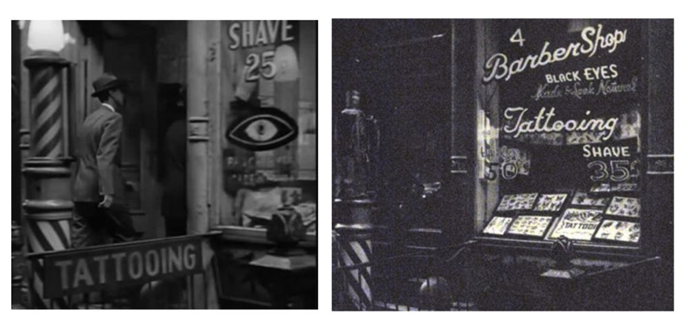 Left, scene from The Tattooed Stranger depicting front of Willy Moskowitz’s No. 4 Bowery tattoo shop front. Right, Photo of No. 4 Bowery shop front.