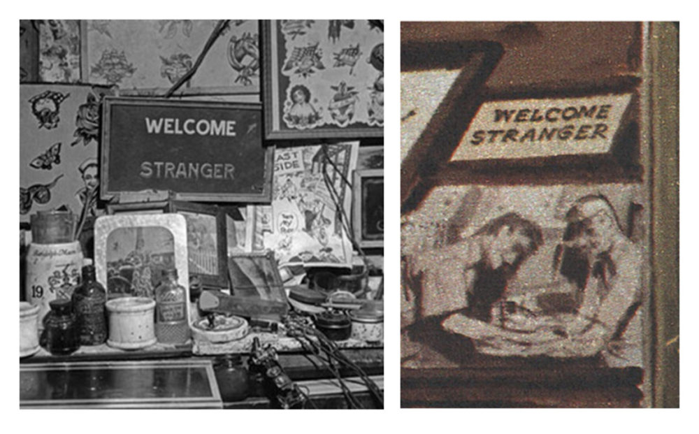 Left, 'Welcome Stranger' sign in Charlie Wagner's tattoo shop window. Right, 'Welcome Stranger' sign in illustration of Willy Moskowitz's tattoo shop window.