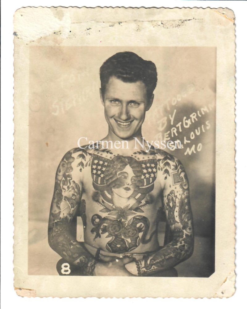 Tommy Stephens tattooed in St. Louis by Bert Grimm. Photo c. 1940s by 'The Zeis Studio.' 