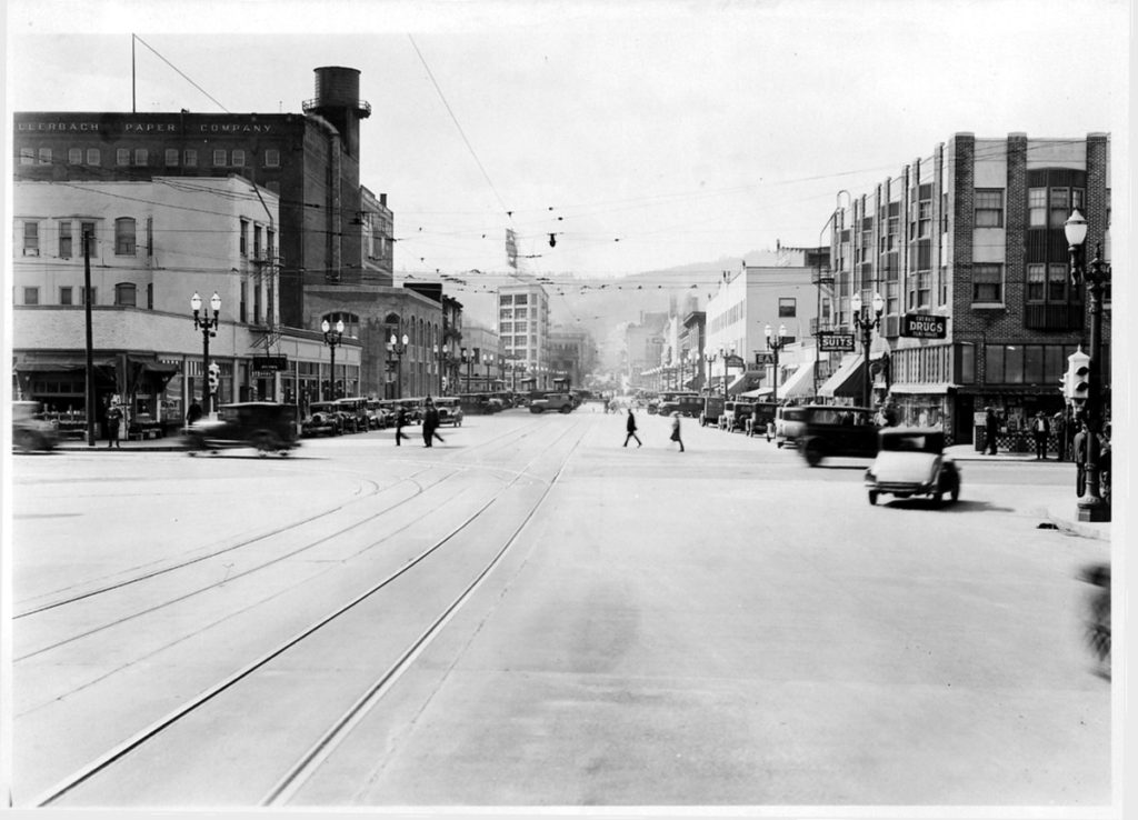  Looking west on Burnside St from 3rd Ave after widening, shows location of Sailor George Fosdick's tattoo shop