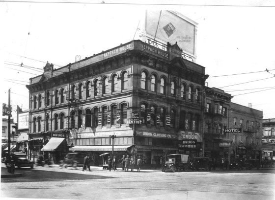 Neppach House at 3rd and Burnside, showing locations of tattoo shops