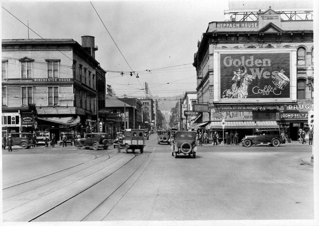 Looking west on Burnside from 3rd. Scene of Sailor George Fosdick and Sailor Gus's tattoo shops