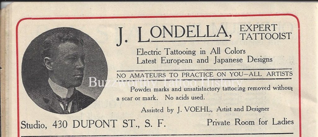 Ad for tattooer Prof. Londella from 1903 Orpheum Theater program.