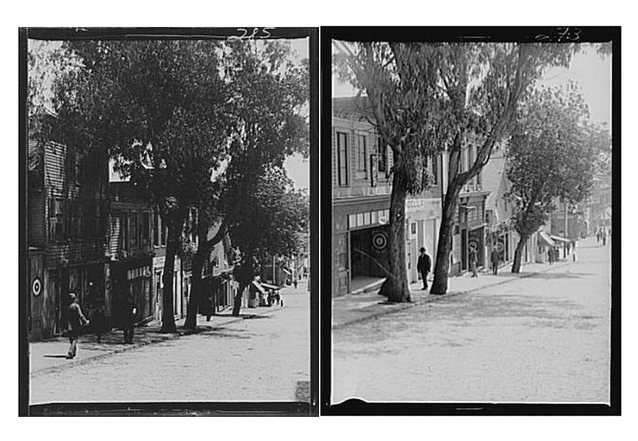Two views of  Prof. Londella's 430 Dupont tattoo shop looking towards Bush Street to the south. 
