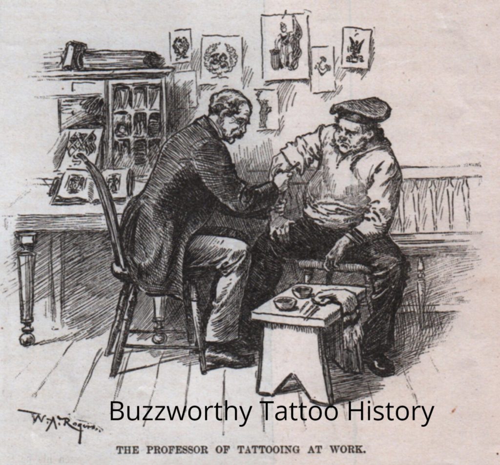 Prof. Edwin Thomas tattooing in his 40 South Street Shop