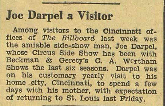 1930 Jan 11 Billboard Joe Darpel Cincinnati visitor