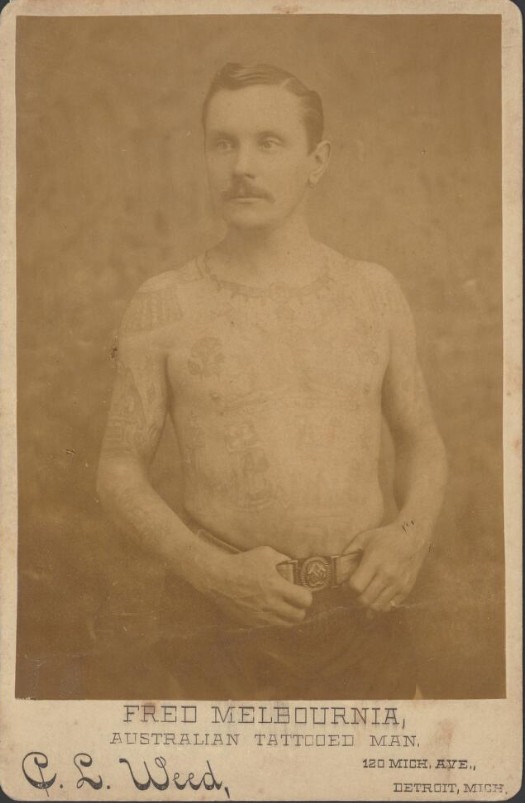 Fred Taylor aka Melbournia, Australian Tattooed Man. Courtesy of National Library of Australia. PIC Box PIC/3683 #PIC/3683-Fred Melbournia, Australian tattooed man