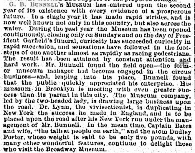 G.B. Bunnell's Museum as success. 1881 Dec 24 New York Clipper.