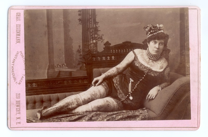 Nora Hildebrandt, tattooed lady. Ronald G. Becker Collection of Charles Eisenmann Photographs, Special Collections Research Center, Syracuse University Libraries 