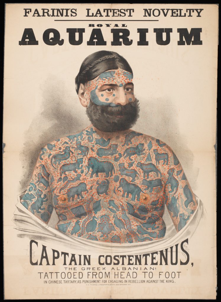  "Captain Costentenus, a man with many tattooes on his body. Colour lithograph." Wellcome Collection. 